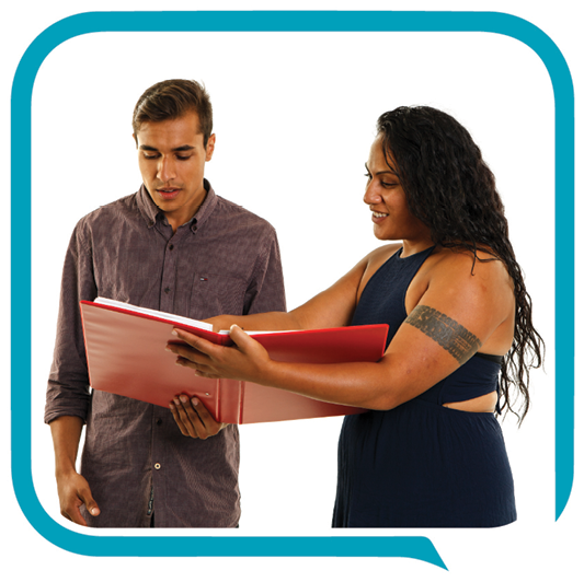 Someone supporting a person to read a document.