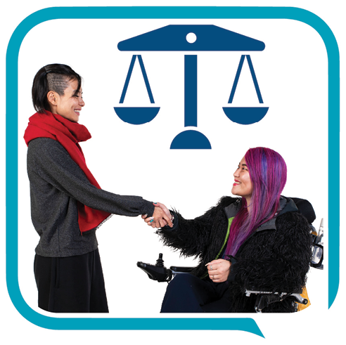 Two people shaking hands. Above them is an icon of a set of scales to show fairness.