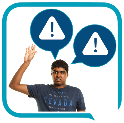 A person with their hand raised. Above them are two speech bubbles with problem icons inside.