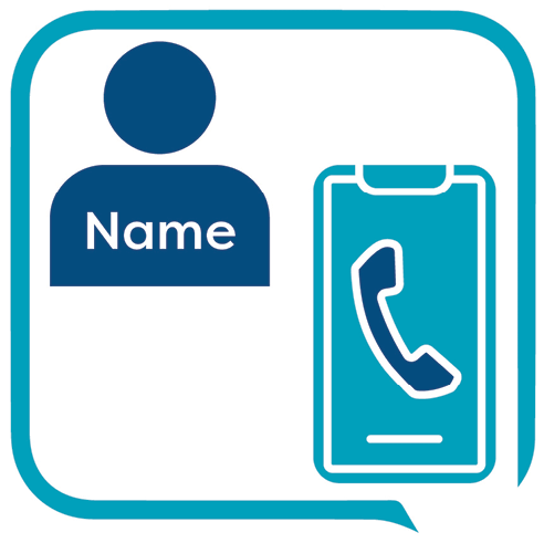 An icon of a person with the word 'name' on them. Next to them is a phone.