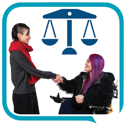 Two people shaking hands. Above them is an icon of a set of scales to show fairness.